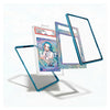 A set of decorative transparent phone or tablet screen protectors with metallic teal-blue edges, shown floating around a graded comic card on a clean white background.