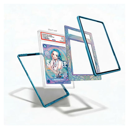 A set of decorative transparent phone or tablet screen protectors with metallic teal-blue edges, shown floating around a graded comic card on a clean white background.