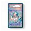 A PSA graded sample collectible card slab on a white background. The slab contains an illustrated card featuring a teal-haired anime character on an ornate pastel patterned background, with a red and white PSA label at the top.