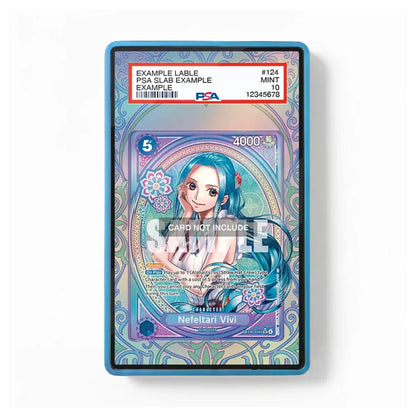 A PSA graded sample collectible card slab on a white background. The slab contains an illustrated card featuring a teal-haired anime character on an ornate pastel patterned background, with a red and white PSA label at the top.