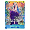 A collectible character card featuring an illustrated woman with long blue hair, wearing a purple outfit, seated among tropical leaves. The card has colorful fantasy artwork, Japanese text, and game-style counters, photographed against a plain white background.