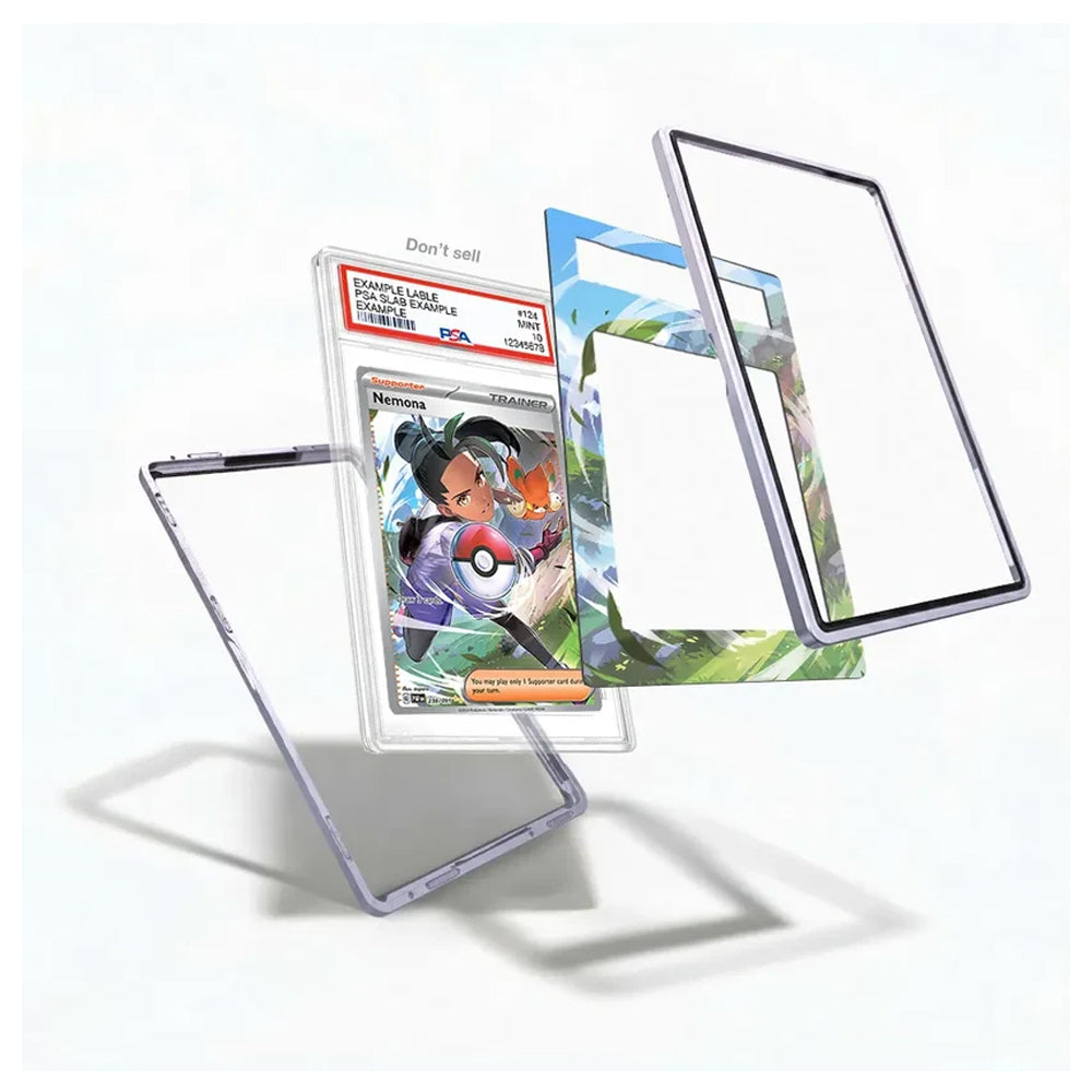 A clear protective case for a Pokémon TCG card in a plastic graded slab, shown with exploded views of its transparent back and decorative printed insert panels on a clean white background.