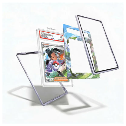 A clear protective case for a Pokémon TCG card in a plastic graded slab, shown with exploded views of its transparent back and decorative printed insert panels on a clean white background.