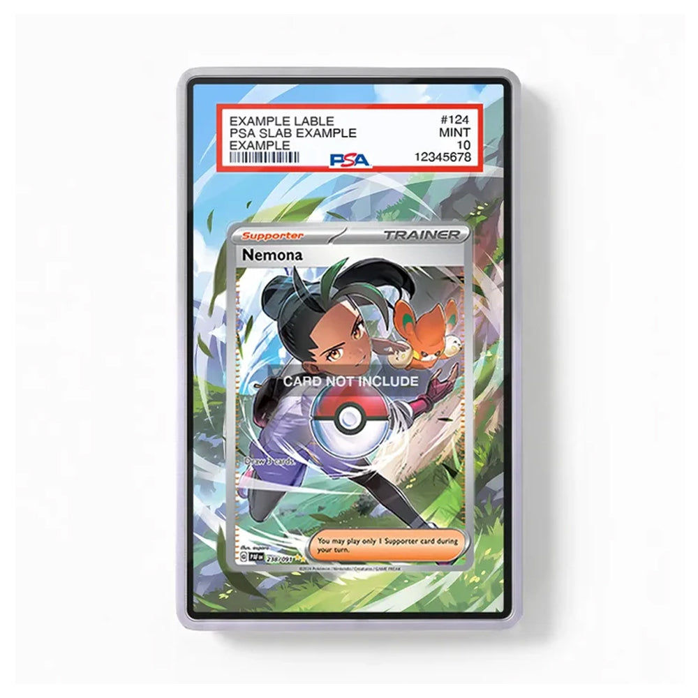 A PSA-graded protective slab containing a Pokémon Nemona trainer card, shown against a plain white background. The slab has a clear plastic border and a red header with grading details.