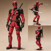 Action figure of a character in a red and black suit with weapons on a beige background