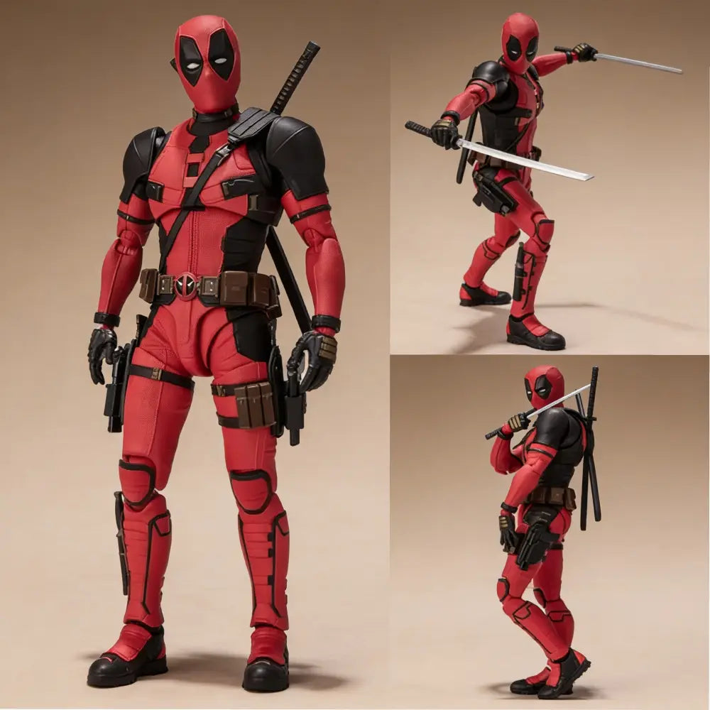 Action figure of a character in a red and black suit with weapons on a beige background