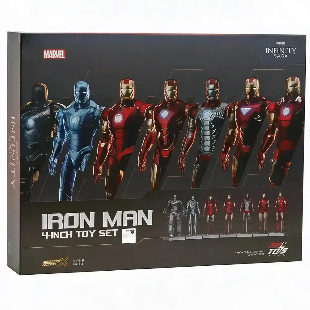 Box of Iron Man 4-inch toy set with multiple figures on a black background