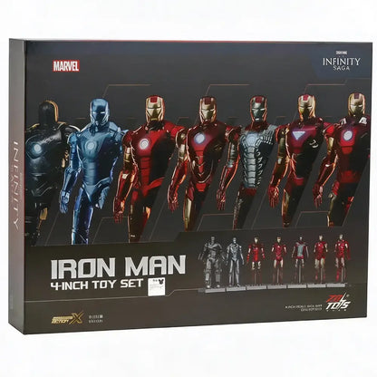 Box of Iron Man 4-inch toy set with multiple figures on a black background