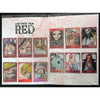Collection of anime character trading cards on a map background with 'One Piece Film Red' branding.
