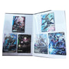A clear plastic card binder or album open to multiple pages, holding several colorful sci-fi mecha trading cards with Japanese text and dynamic character artwork.