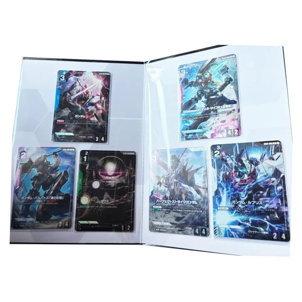 A clear plastic card binder or album open to multiple pages, holding several colorful sci-fi mecha trading cards with Japanese text and dynamic character artwork.