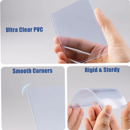 Three-panel product demonstration showing a transparent clear PVC screen protector or protective cover being held by hands. Text overlays read 'Ultra Clear PVC', 'Smooth Corners', and 'Rigid & Sturdy' on a light gray background.