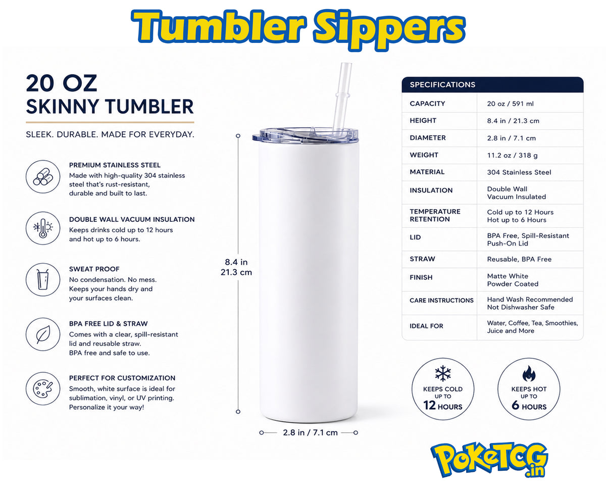 A product infographic for a Poketag tin Tumbler Sipper. The image features a clean white background with a black outline of the clear double-walled tumbler, dimension measurements, feature icons, and product specifications on the right.