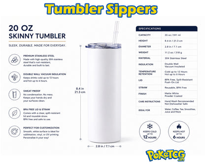 A product infographic for a Poketag tin Tumbler Sipper. The image features a clean white background with a black outline of the clear double-walled tumbler, dimension measurements, feature icons, and product specifications on the right.