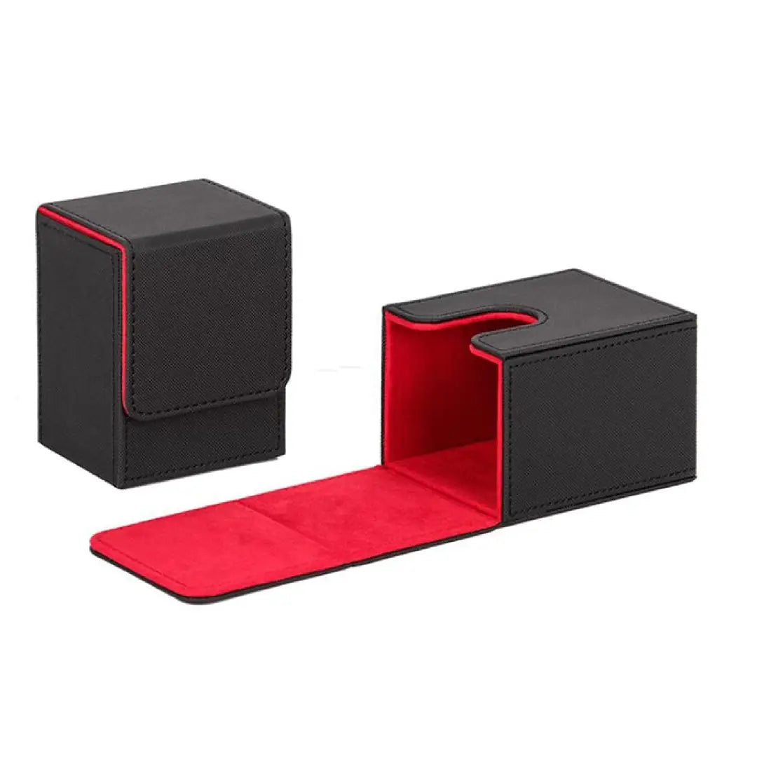 Leather Trading Card Deck Box for 100+ Single-Sleeved Cards Commander Deck Storage Box – Black Grey, Blue & Red