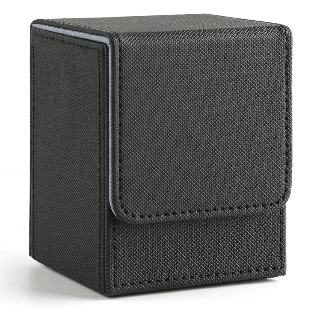 Leather Trading Card Deck Box for 100+ Single-Sleeved Cards Commander Deck Storage Box – Black Grey, Blue & Red