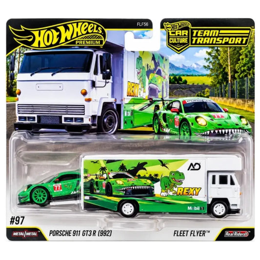 Hot Wheels Premium Car Culture Team Transport Porsche 911 GT3 R (992) Fleet Flyer – 1:64 Diecast Car and Truck Set