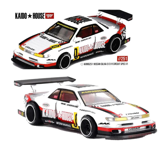 Two views of a Kaido House Nissan Silvia S10 R Corgui Spec V1 diecast model car on a white background, showing the front three-quarter and rear three-quarter views with detailed sponsor decals and the number 9.