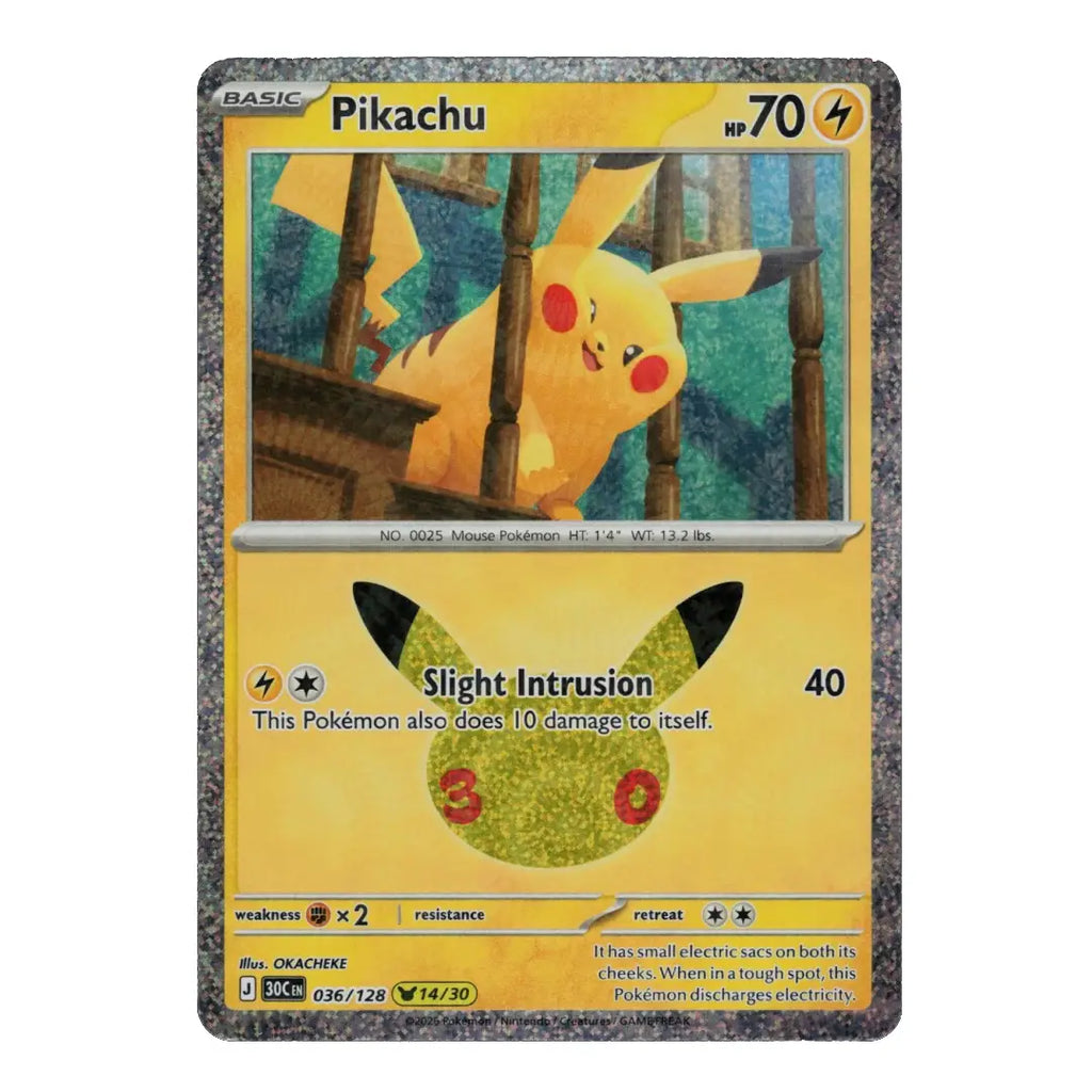 Pikachu Holo Rare 036/128 ME: 30th Celebration English Pokémon Card NM