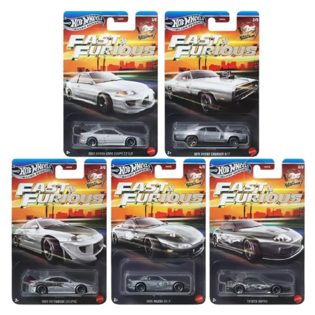Hot Wheels Fast & Furious Silver Series Complete 5-Car Set – Honda Civic, Dodge Charger, Mitsubishi Eclipse, Mazda RX-7 & Toyota Supra 1:64 Diecast