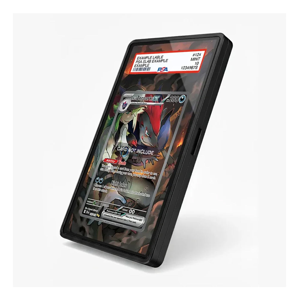 A black rectangular card holder or display case shown at an angle on a light gray background. The front has a clear window displaying a Pokémon trading card, with a red-and-white label at the top reading 'EXAMPLE LABLE' and other small text.