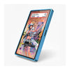 A blue protective phone case with a clear screen protector, shown on a smartphone with a colorful anime illustration. The case has a metallic blue border and a side button cutout, photographed on a clean white background.