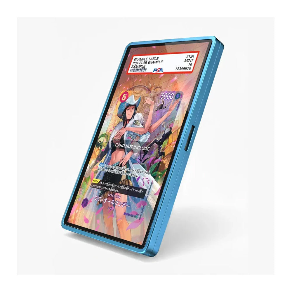 A blue protective phone case with a clear screen protector, shown on a smartphone with a colorful anime illustration. The case has a metallic blue border and a side button cutout, photographed on a clean white background.