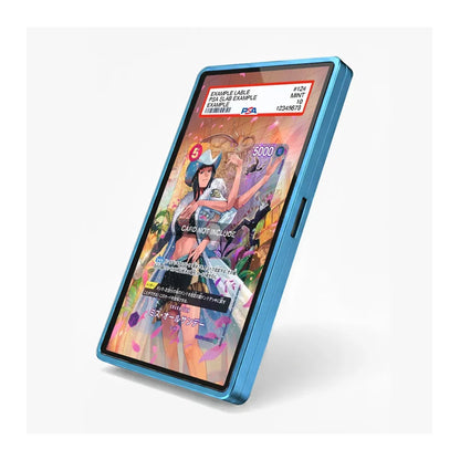 A blue protective phone case with a clear screen protector, shown on a smartphone with a colorful anime illustration. The case has a metallic blue border and a side button cutout, photographed on a clean white background.