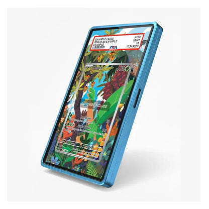 A blue protective phone case shown at an angle on a light gray background, with a colorful illustrated screen insert visible inside the phone.