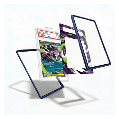 A clear acrylic card protector case with a dark blue textured border, shown holding a graded Pokémon TCG card. The case is displayed in multiple floating angles against a clean white background.