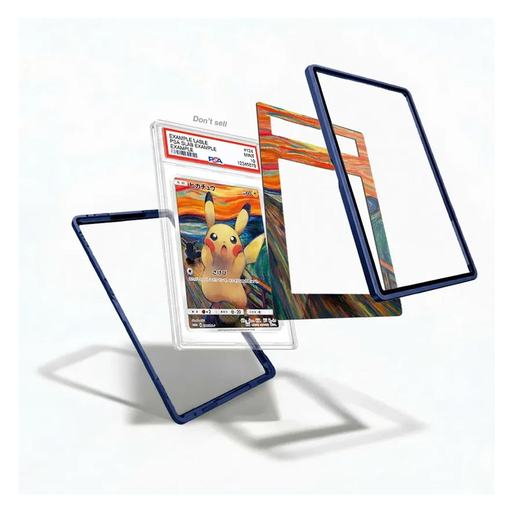 A set of custom Pokémon trading card sleeves and frames, including a clear sleeve with a blue border, a clear sleeve with a painted Pikachu design, and a clear sleeve with a blue border, displayed on a white background.