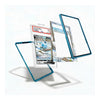 A clear acrylic display card holder with a translucent blue border, shown floating in three angles around a graded trading card. The background is a clean white studio backdrop.