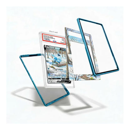 A clear acrylic display card holder with a translucent blue border, shown floating in three angles around a graded trading card. The background is a clean white studio backdrop.
