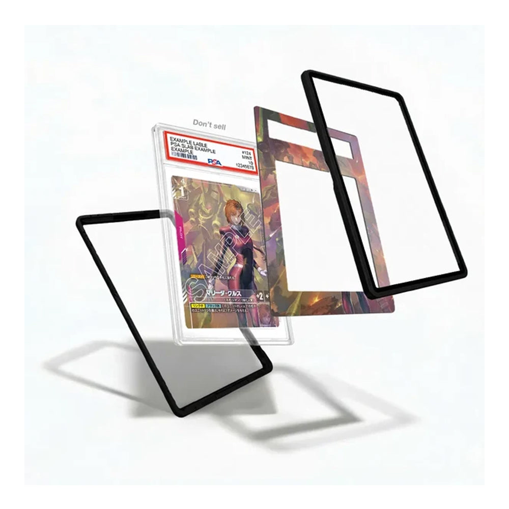 A clear protective card case with a dark blue frame, shown in multiple angles around a graded Pokémon TCG card on a white background.