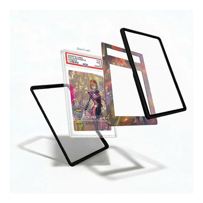 A clear protective card case with a dark blue frame, shown in multiple angles around a graded Pokémon TCG card on a white background.