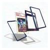 A set of clear acrylic card protectors with dark blue borders, shown floating around a graded Pokémon TCG card on a clean white background.