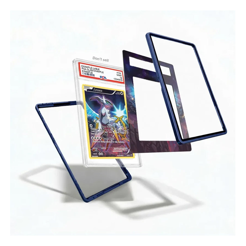 A set of clear acrylic card protectors with dark blue borders, shown floating around a graded Pokémon TCG card on a clean white background.