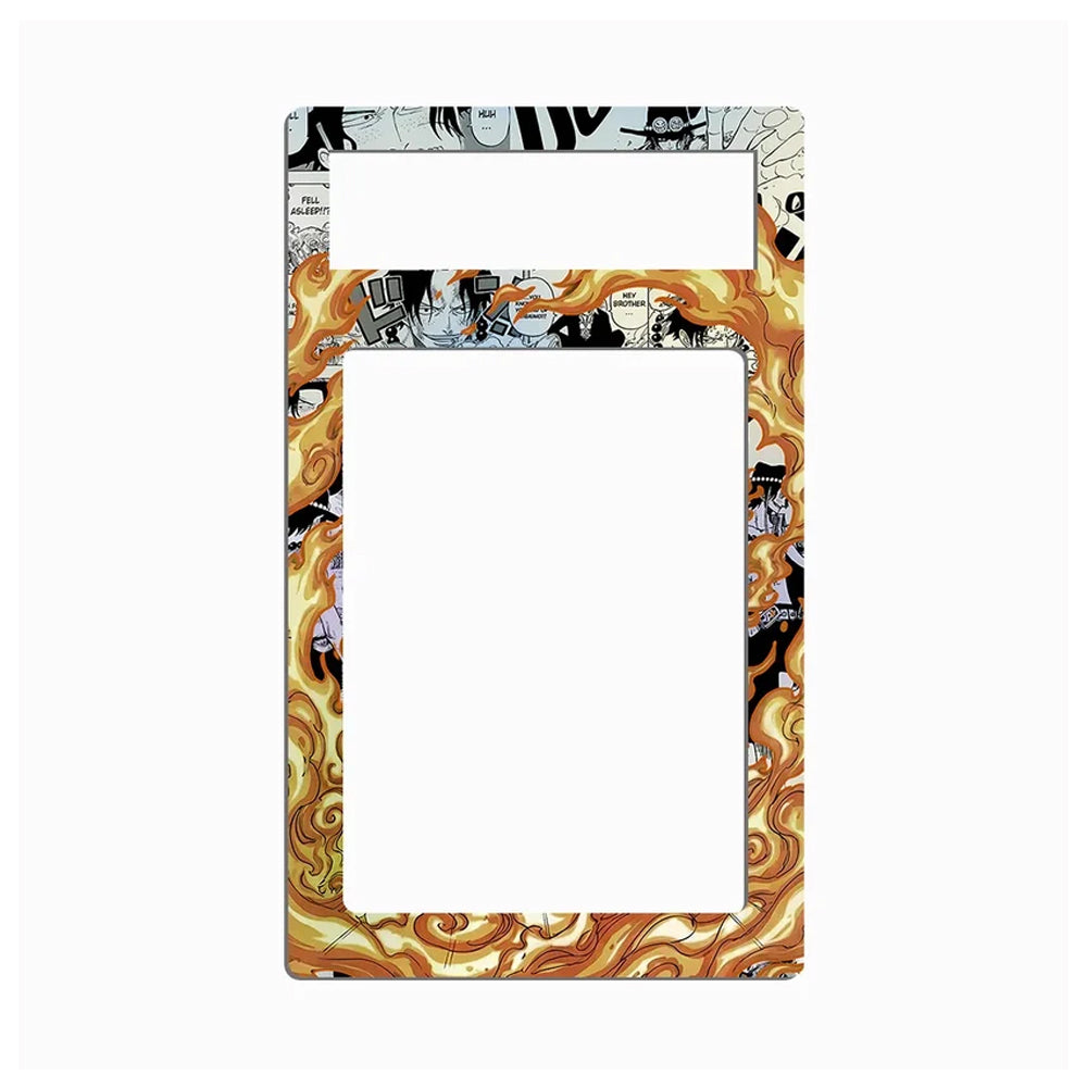 A rectangular decorative plate or frame with a black-and-white manga-style comic border and a fiery orange, yellow, and brown flame pattern around the edges, shown on a plain white background.