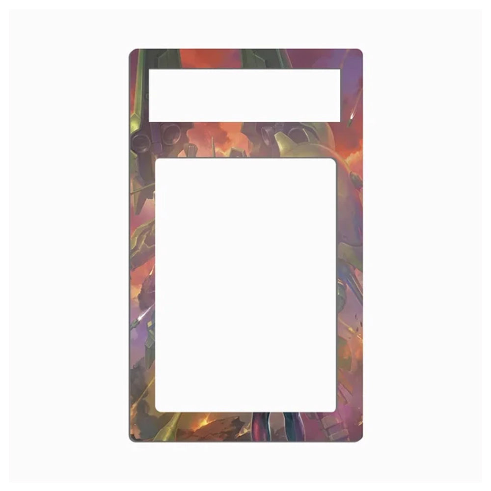 A decorative rectangular frame or plate with a large blank white center and a smaller white rectangular cutout at the top, surrounded by a colorful abstract printed border in purple, orange, green, and brown tones on a light gray background.