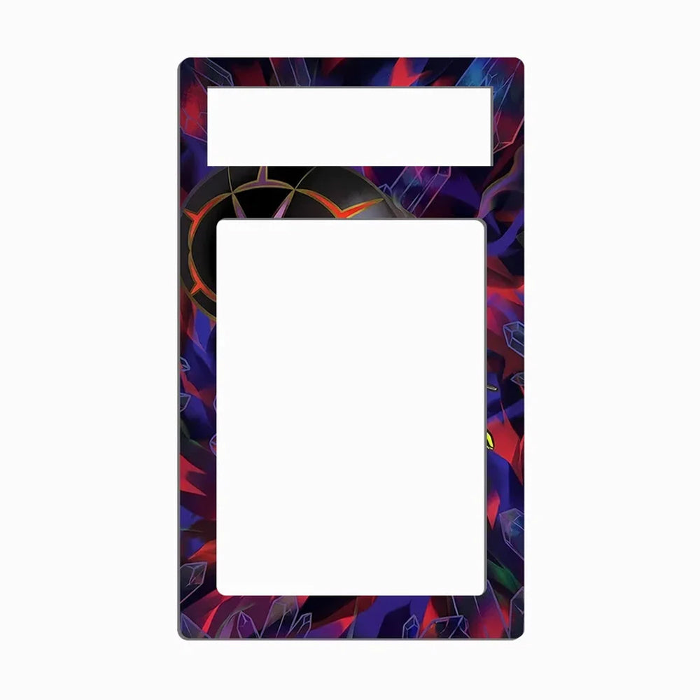 A rectangular phone case or decorative frame with a colorful abstract geometric border and a large blank white center cutout, shown on a plain light gray background.