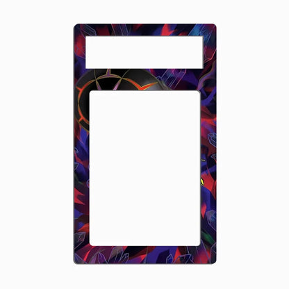 A rectangular phone case or decorative frame with a colorful abstract geometric border and a large blank white center cutout, shown on a plain light gray background.