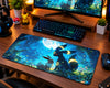Umbreon and Eevee sitting together in a magical blue forest beneath a large glowing full moon, surrounded by luminous plants, colorful flowers, and sparkling forest lights on a Pokemon gaming mouse pad.