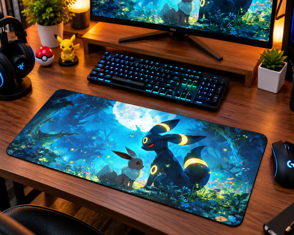 Umbreon and Eevee sitting together in a magical blue forest beneath a large glowing full moon, surrounded by luminous plants, colorful flowers, and sparkling forest lights on a Pokemon gaming mouse pad.