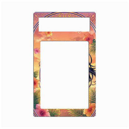 A decorative rectangular picture frame with a tropical floral design, featuring hibiscus flowers and palm leaves against a sunset sky background, shown on a plain white background.