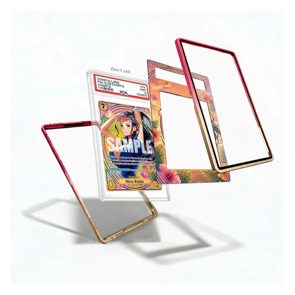 A set of colorful, transparent protective frames and a sample card holder displayed on a clean white background. The frames feature vibrant pink, red, and gold borders, with one frame showing a colorful anime-style illustration and another showing a 'SAMPLE' card inside.