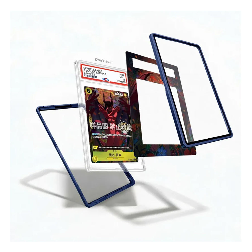 A set of clear acrylic card sleeves with dark blue borders, shown floating on a white background. One sleeve contains a graded collectible card graded 000 by PSA, and another sleeve features a colorful anime-style character print.