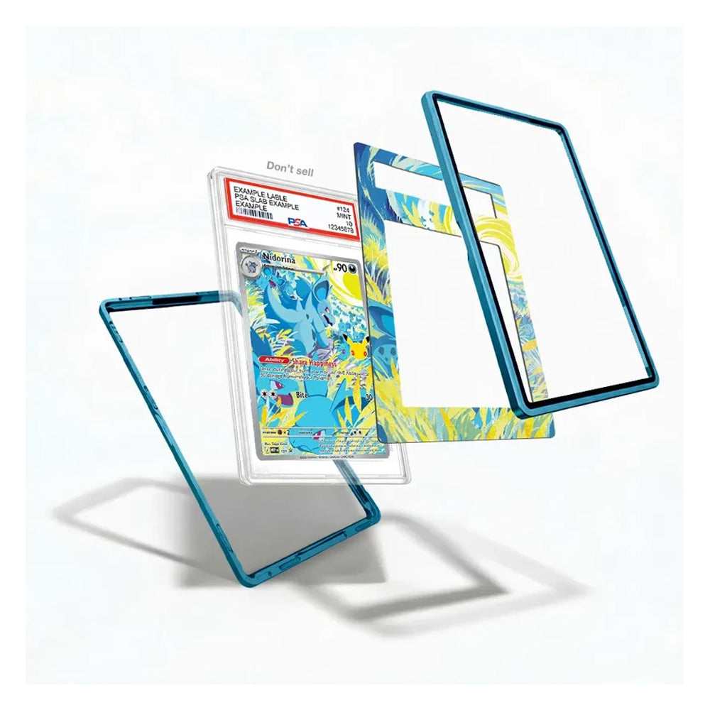 A set of Pokémon-themed protective phone cases and a graded card holder, featuring blue and yellow tropical wave patterns, displayed on a clean white background.
