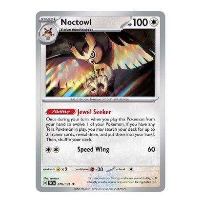 A single Pokémon trading card for Noctowl, shown flat against a plain white background. The card has a silver border, a colorful illustration of Noctowl with glowing wings, and text including 'Noctowl', 'HP 100', 'Ability: Jewel Seeker', and 'Speed Wing 60'.