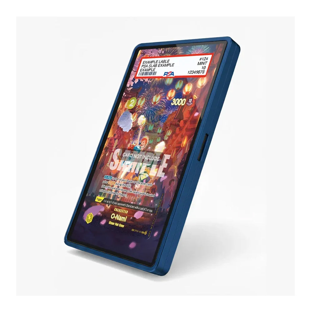 A blue protective phone case on a smartphone displaying a colorful casino-style game screen, set against a clean white background.