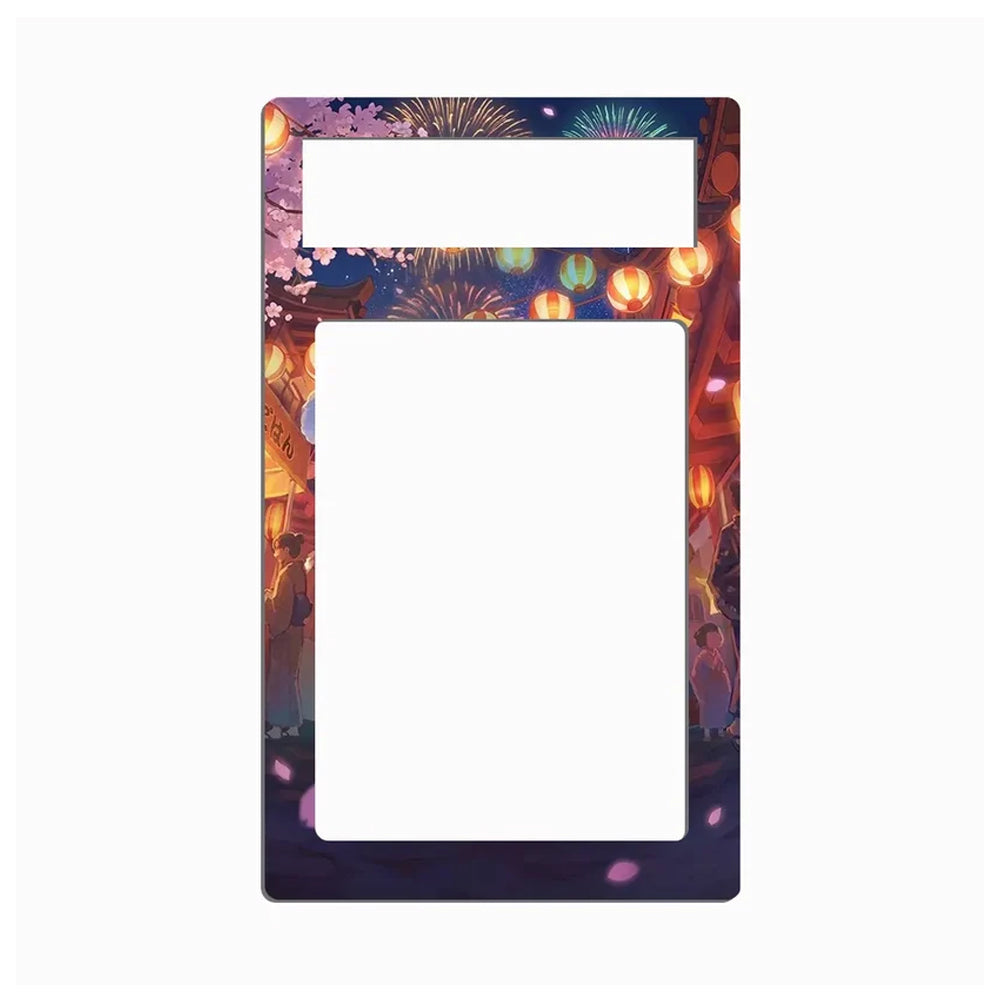 A decorative rectangular picture frame with rounded corners, featuring a colorful illustrated border of lanterns, fireworks, cherry blossoms, and a night street scene. The center and top cutout areas are solid white.